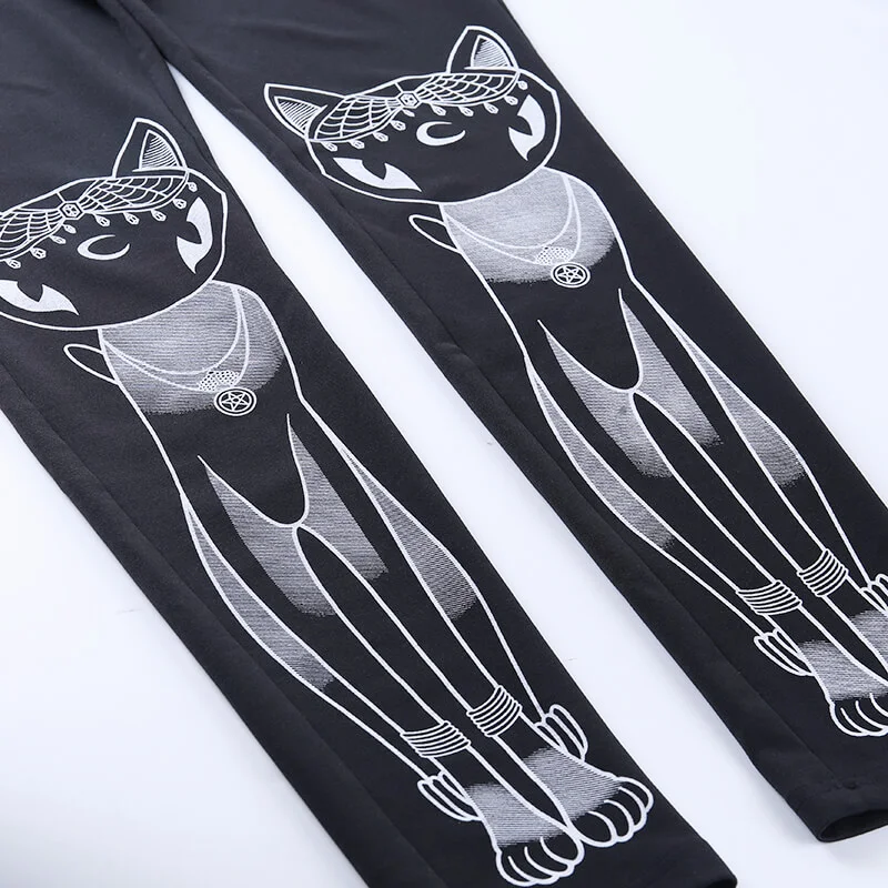 InsGoth Cat Print Black Leggings Bodycon High Waist Women Pants Gothic Streetwear Pencil Long Trousers Female Legging Winter