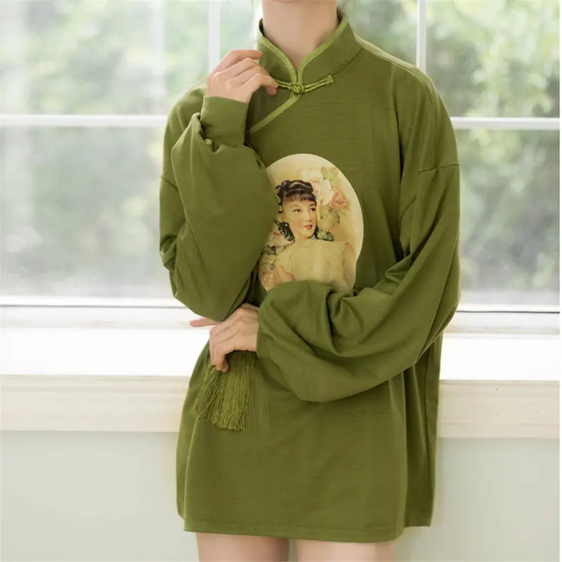HziriP Retro Chic Green Sexy Thin Stand All-Match Women Print Cute Large Size Loose Vintage Fashion Feminine Sweatshirt | Женская одежда