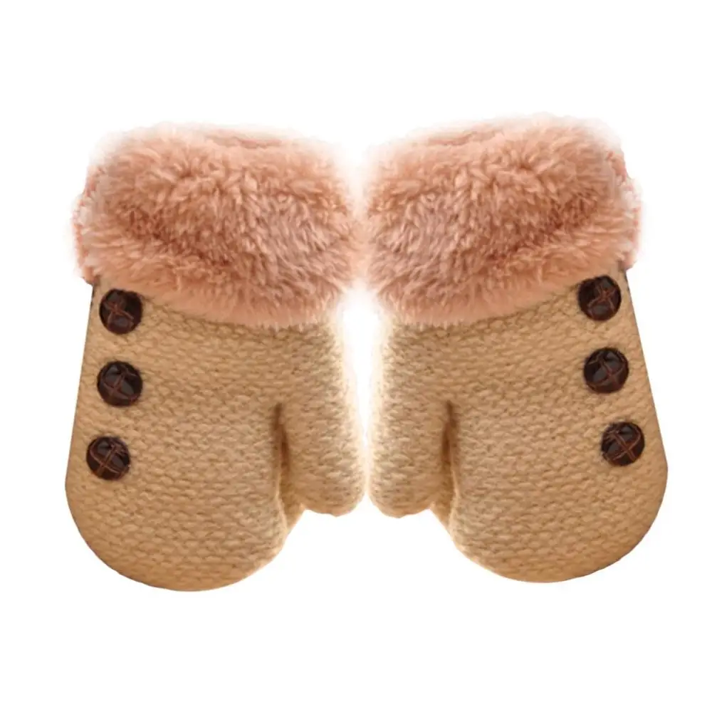 Зимние теплые детские перчатки-рукавицы, вязаные перчатки, двойные утолщенные, все пальцы, детские перчатки для мальчиков и девочек - Цвет: beige