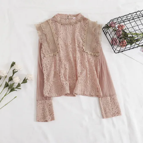 pink Осень, Женская открытая кружевная рубашка, Новое поступление, женский короткий пуловер в стиле ретро, блузка, рубашки, милые костюмы из вуали - Цвет: pink
