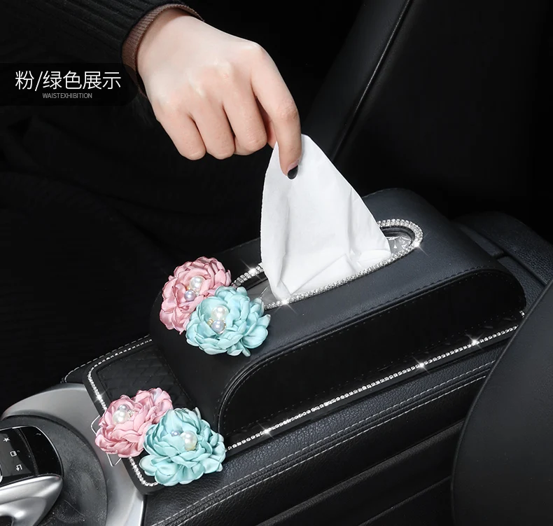 Diamond Crystal PU Leather Car Styling Tissue Box Cute Rose Auto Tissue Box For Girl Women Lady Car Interior Accessories
