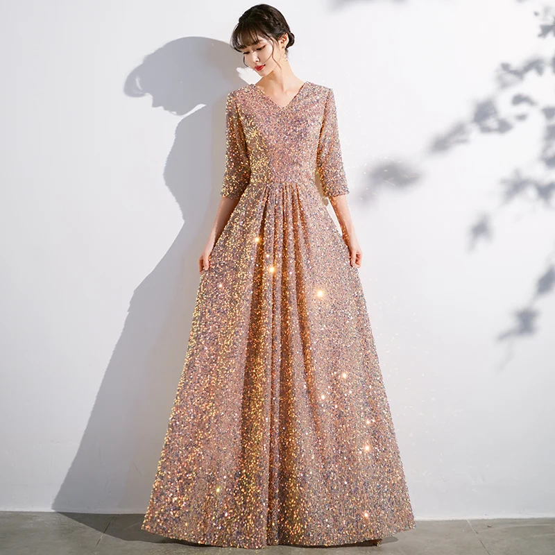 

Elegant Golden Long Evening Dress V-Neck Half-Sleeve Shiny Sequins Zipper Back Floor-Length Formal Gowns New Party Dresses
