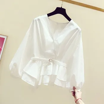 

White Blouse Womans Blouses and Tops V Neck Slim Wait Irregular Shirts Tops Ladies Temperament White Shirt Blusa Feminina