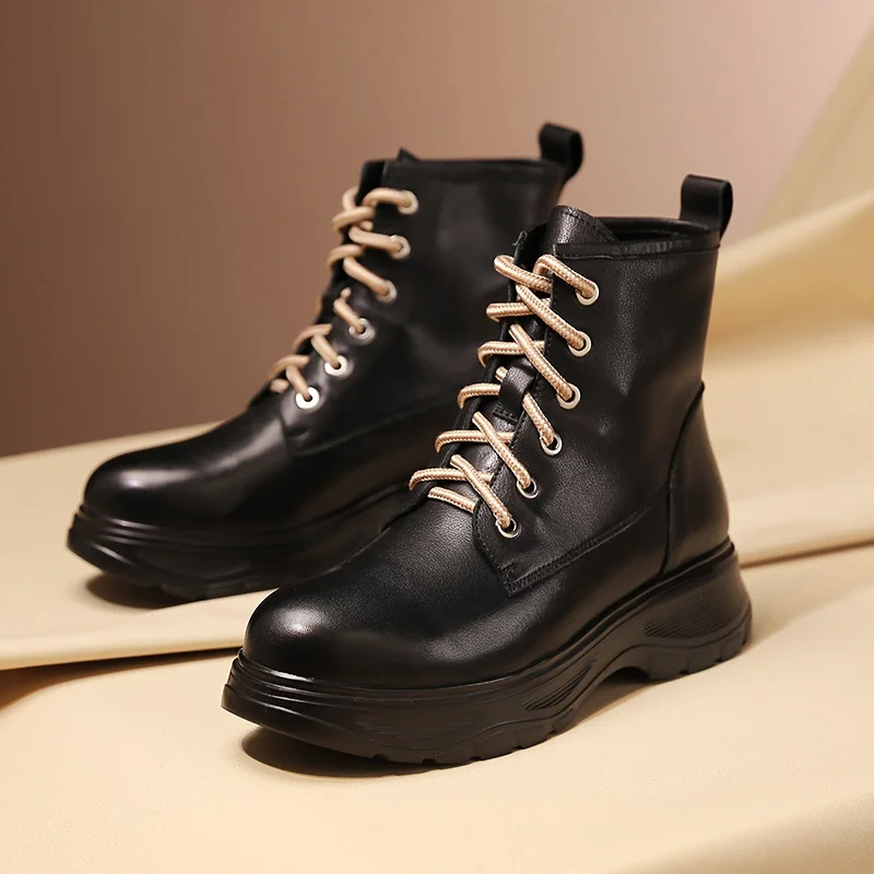 black ZVQ gothic green motorcycle boots winter genuine leather cute woman pink martin boots yellow 4.5cm mid heels women's shoes 42CN - Цвет: black
