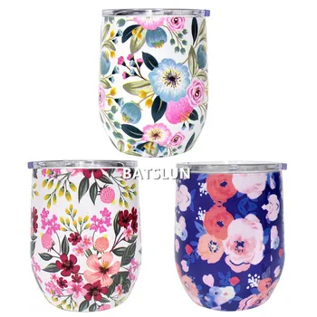 

20pcs 12oz Wine Tumbler Floral Wine Glass Egg Cups Double Wall Stainless Steel Vacuum Insulated Beer Coffee Cups With Seal Lids