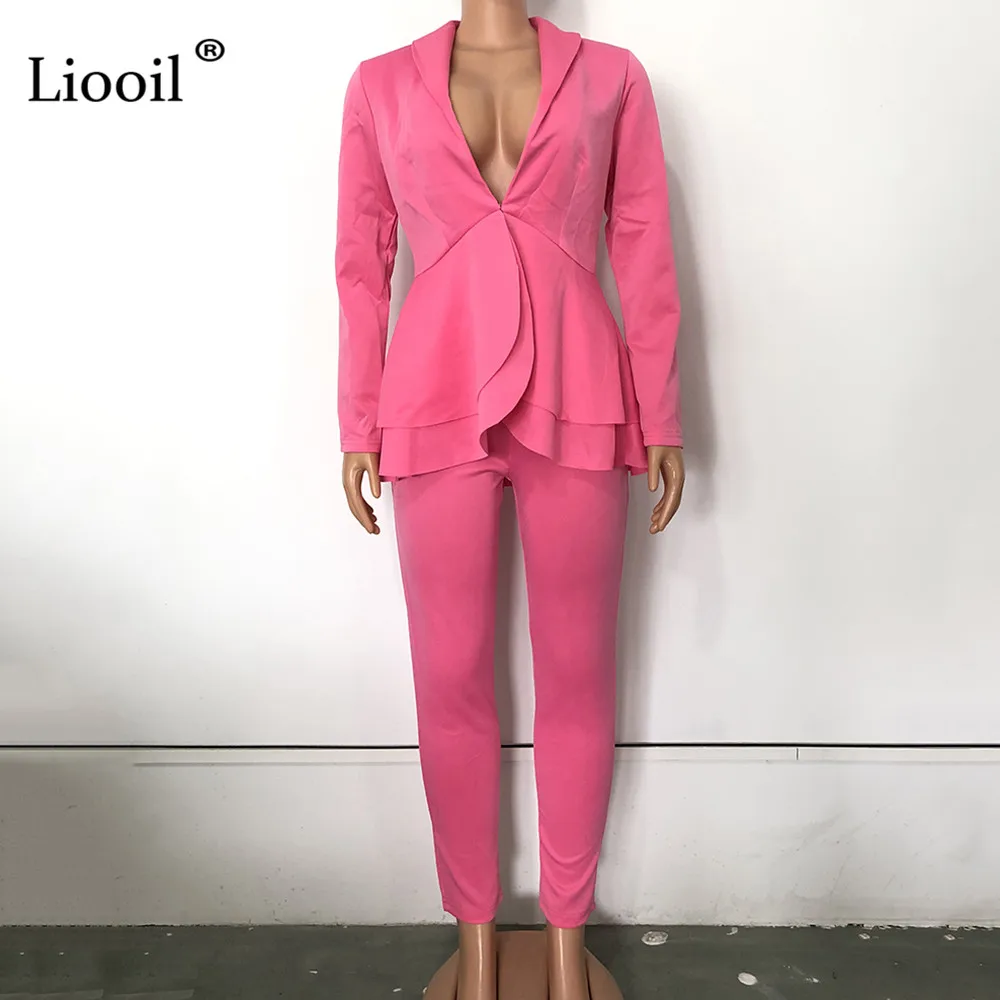 Liooil, комплект из двух предметов, Женская Клубная одежда, осень, длинный рукав, v-образный вырез, Сексуальная Блузка с рюшами и длинные штаны, вечерние, черный, белый костюм