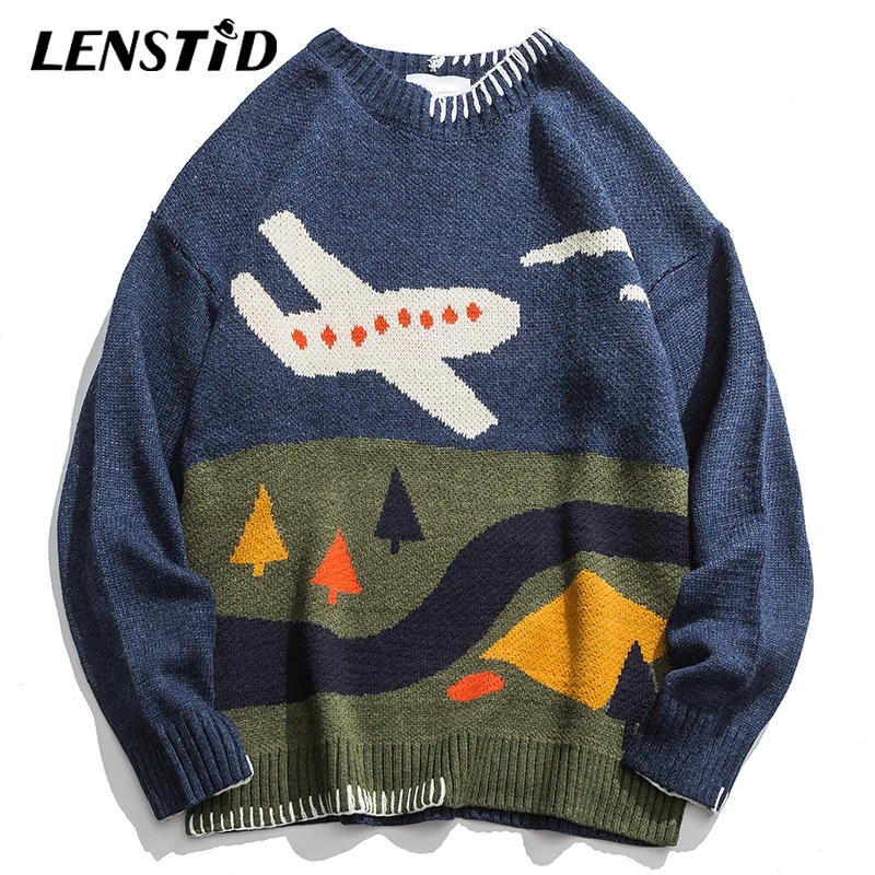 LENSTID Autumn Men Hip Hop Kid Painting Striped Knitted Pullovers Harajuku High Quality Fashion Streetwear Male Vintage Sweaters