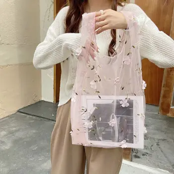 

Women Ladies Multifunction Mesh Cloth Bag Tote Female Large Capacity Flower Embroidery Shopping Bags Reusable Organizer