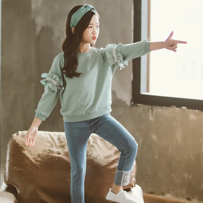 Одежда для маленьких девочек осенний стильный модный Повседневный пуловер с длинными рукавами для маленьких девочек+ комплекты со штанами