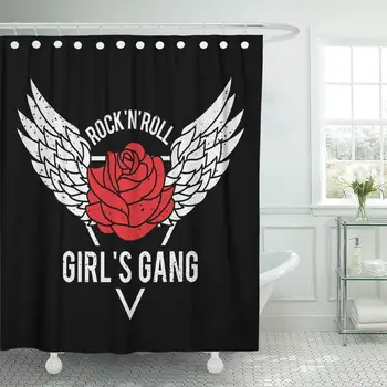 

Rock and Roll Girl Female Slogan Punk Gang Patches Shower Curtain Waterproof Polyester Fabric 72 x 78 Inches Set with Hooks