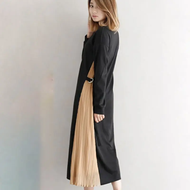 Платье-рубашка, Осеннее женское корейское трикотажное платье из двух частей с длинным рукавом, модное лоскутное платье, повседневные плиссированные платья