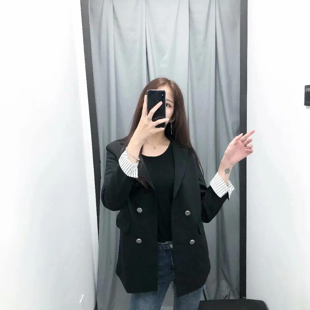 

03oz-1012 Europe And America WOMEN'S Dress 2019 Spring And Autumn New Style Double Breasted Cuff Stripes Joint Suit Jacket