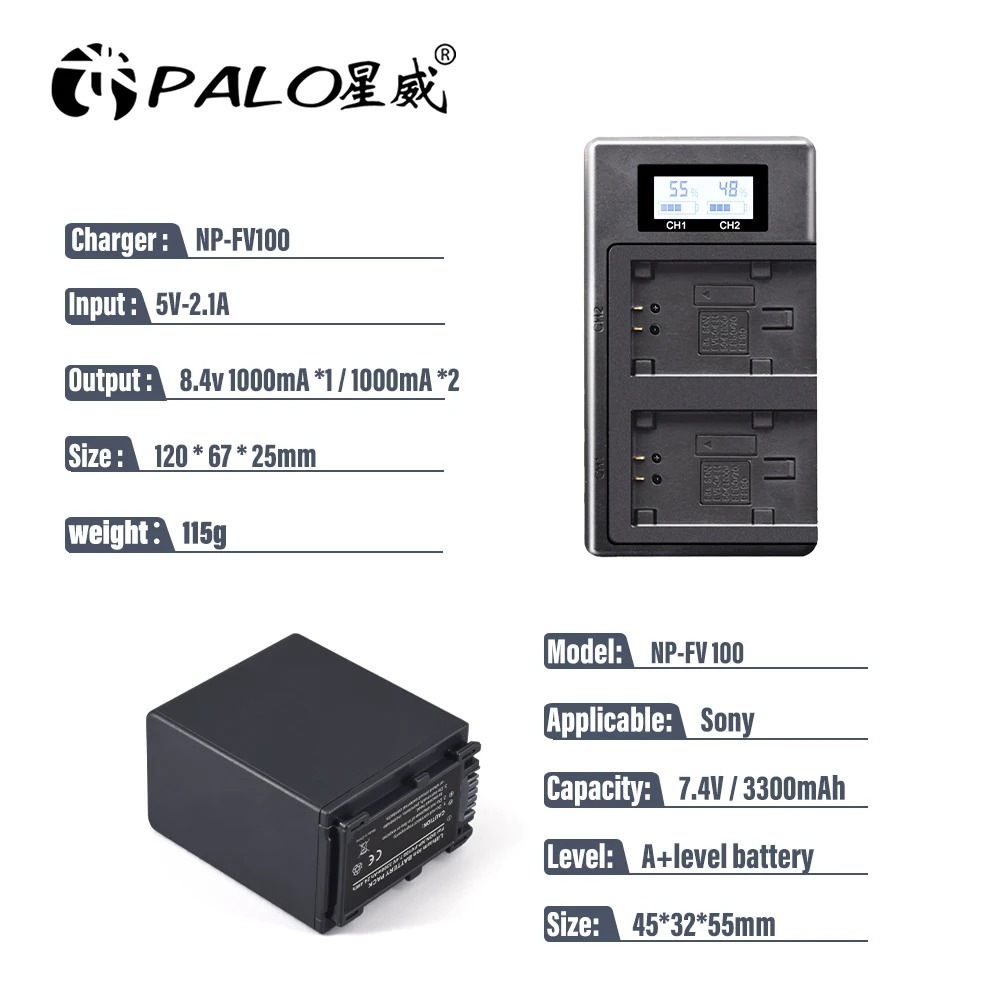 PALO NP-FV100 Battery NP FV100 FV100 Bateria + USB LCD Charger for Sony NP-FV30 NP-FV50 NP-FV70 SX83E SX63E FDR-AX100E AX100E rechargeable battery camera battery camera battery charger rechargeable battery charger sony battery