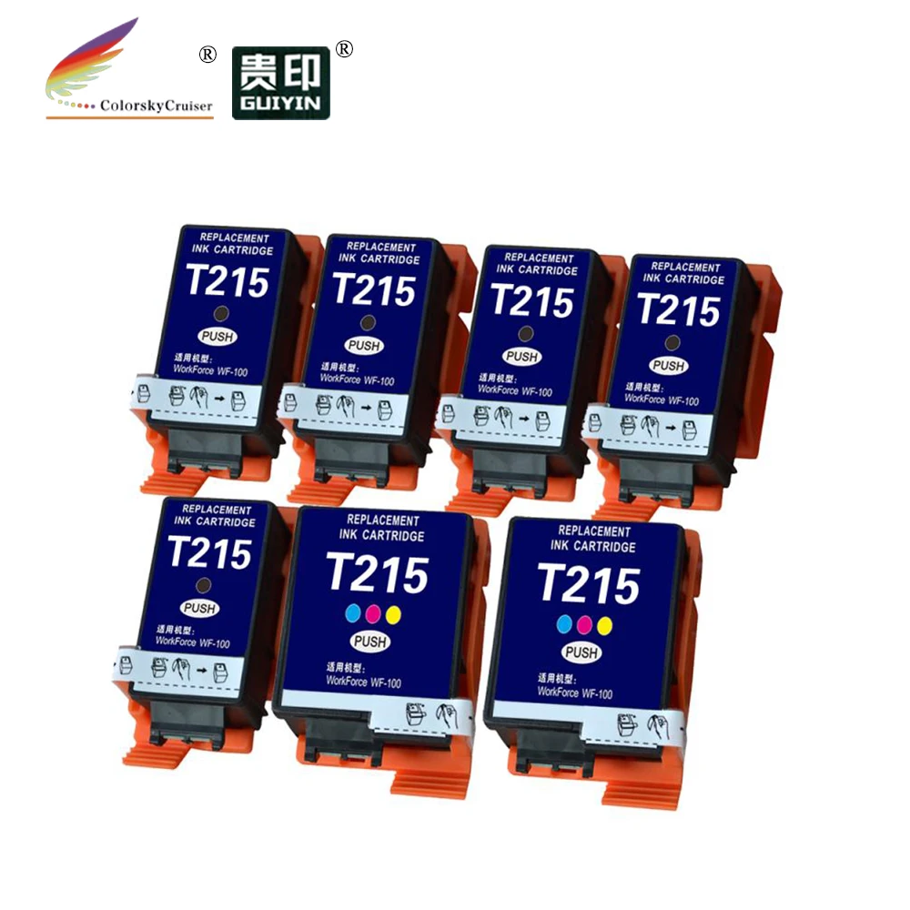 

(CPE215-7) compatible new T215 215 Inkjet Ink Cartridge for Epson WorkForce WF-100W WF-100 Black-5pcs, Tri-color-2pcs (7 Pack)