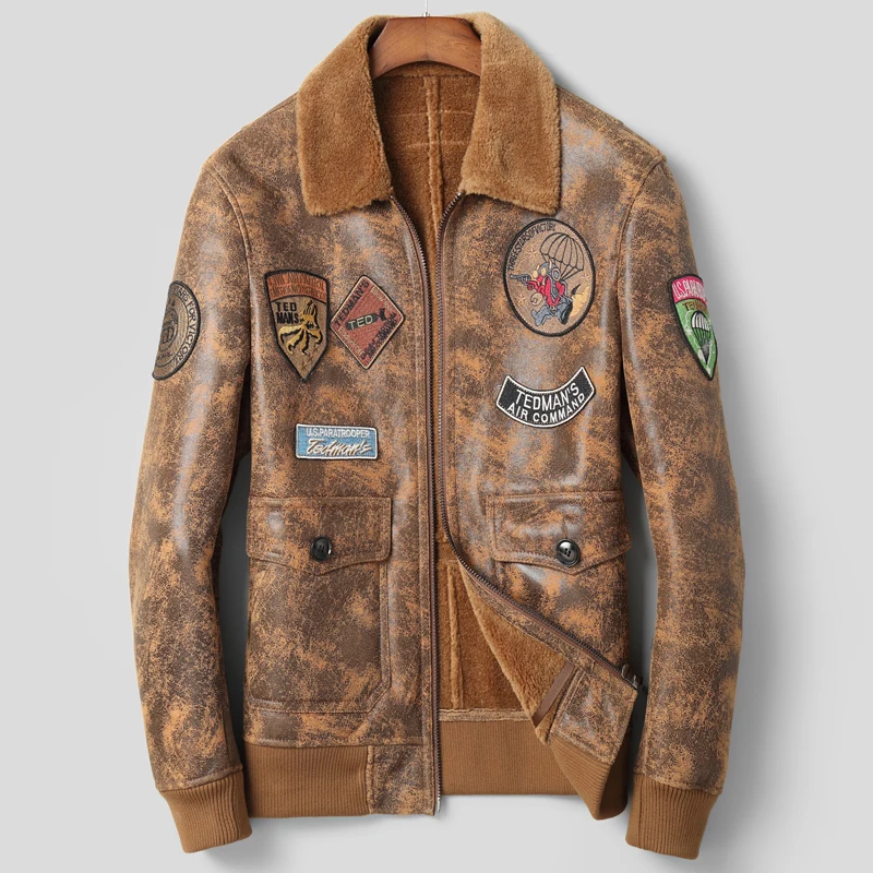 Men's Winter Warm Sheepskin Shearling Coat Short 2019 New Leather Coat Thick Male  Outwear Genuine Leather Coat Flight Jacket