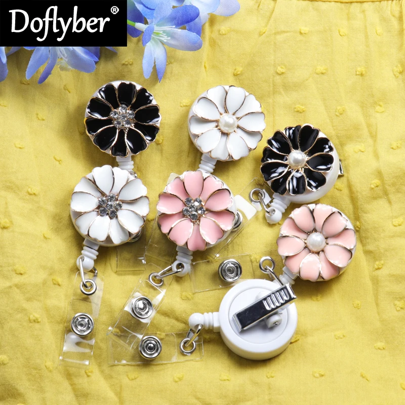 Lovely Crystal Flower Retractable Badge Reel Nurse Doctor Student Exhibition ID Card Alligator Clip Badge Holder Stationery