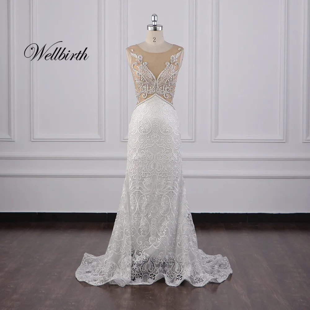 Реальное изображение Wellbirth Vestido de novia v-образный вырез tull молния сзади Русалка свадебное платье с коротким рукавом свадебное платье JC014
