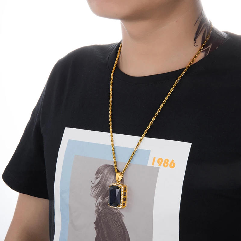Хип хоп Iced Out Bling квадратный синий красный инкрустированный камнями из нержавеющей стали ожерелье и подвески для мужчин ювелирные изделия с цепочками
