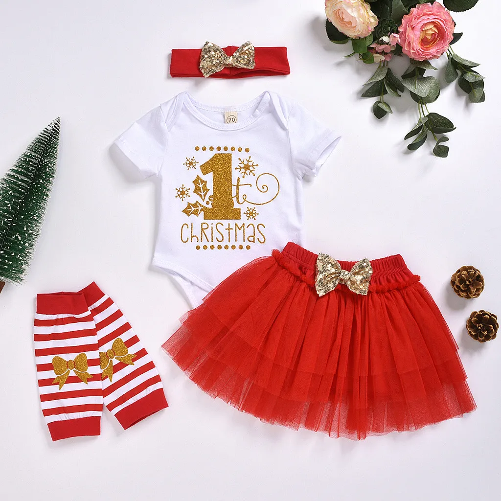 Girls First Christmas Clothes Sets Short Sleeve Romper+Headband+Socks 3Pcs Girl Baby Newborn Christmas's erkek bebek giyim#W