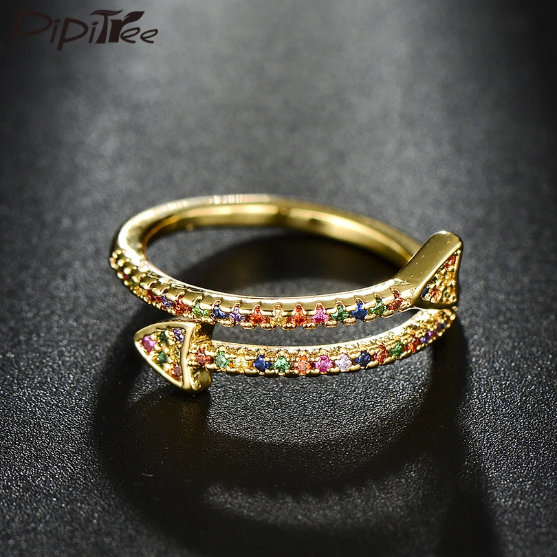 Pipitree открытое золотистое кольцо с двойной стрелкой CZ Циркон австрийский кристалл женские кольца обручальные кольца вечерние ювелирные изделия подарок