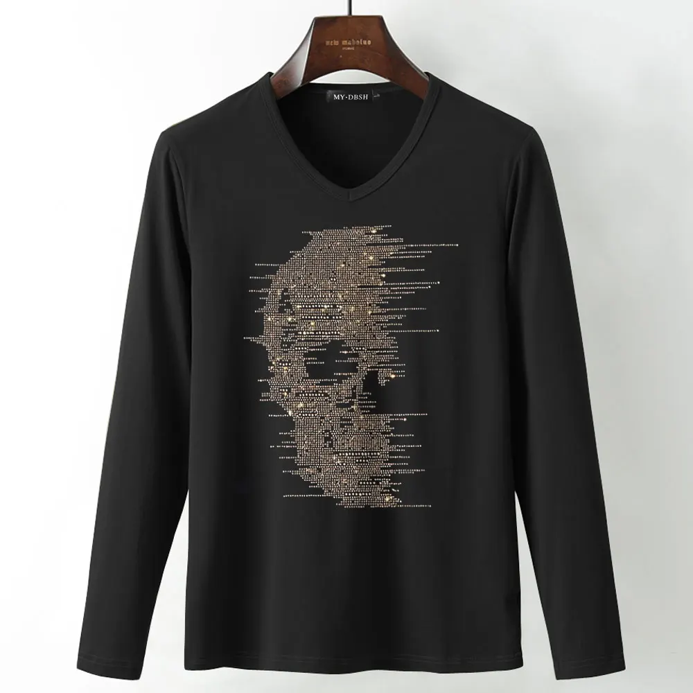 T005-V-Black Горячая фиксация горный хрусталь печать мужская панк стиль футболка Сияющий топ из бриллиантов Тройники Размер плюс мужской blingbling футболки с черепами черный белый - Цвет: T005-V-Black
