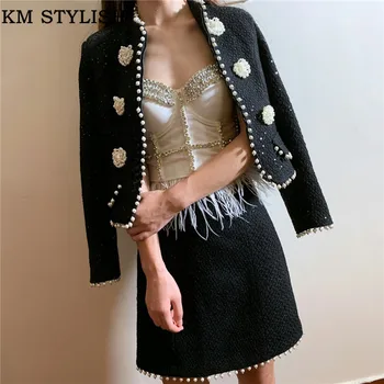 

Women's Two Piece Sets 2019 Autumn Winter Clothes Skirt and Jacket Black Pearls Buttons Woolen Suits Female High Fashion S,M,L