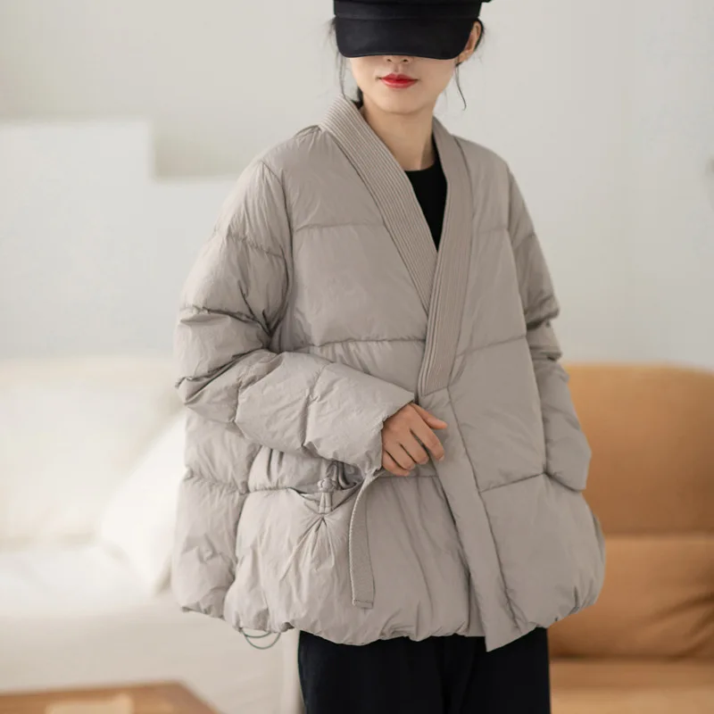 90 White Duck Down Jacket Super Soft V-neck Tie Design Slanted Buckle Jacket