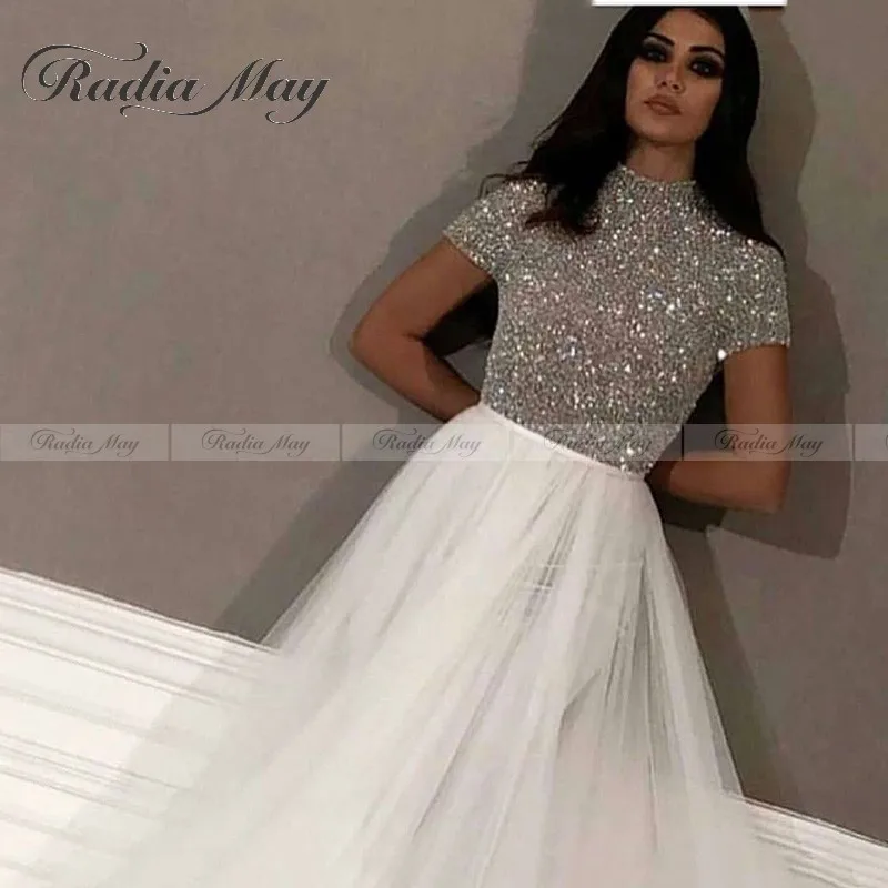 Блестящее вечернее платье с кристаллами и бусинами 2019 Арабская Высокая шея женские Формальные Вечерние платья robe de soiree с коротким рукавом