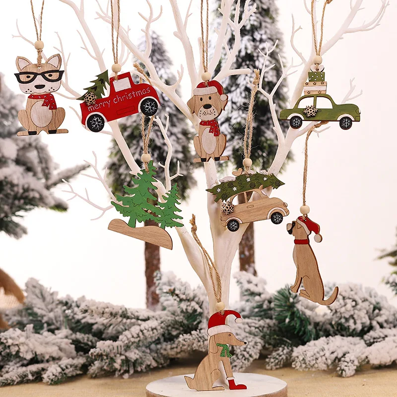 4 шт. рождественские украшения деревянные Мультяшные Подвески с автомобилем милые животные собака Рождественская елка подвесные рождественские украшения для дома