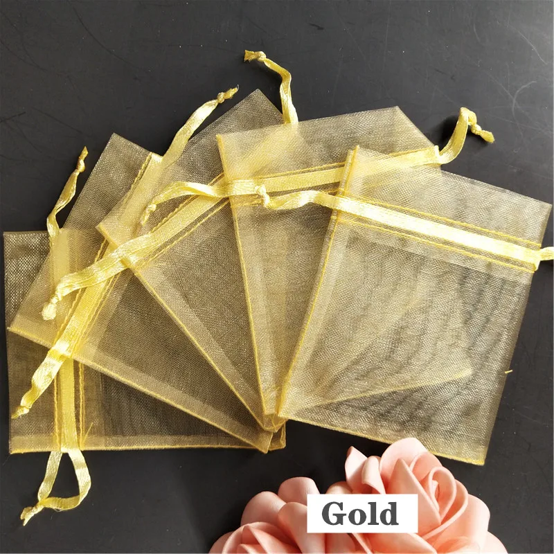 gold 100 шт./лот 5*7 см, 7*9 см, 9x12 см Сумка из органзы Рождественский свадебный подарочный пакет конфеты упаковка ювелирных изделий Упаковка Сумки Подарочные пакеты 6Z - Цвет: gold