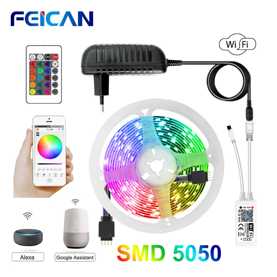 Светодиодный светильник Wi Fi/Bluetooth Smart RGB полоса 12V 5M 5050 Водонепроницаемый