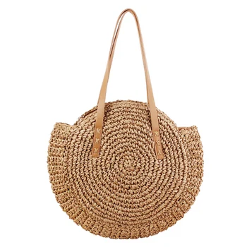 

Round Hand-Wovend Shoulder Bag Women Casual Bohemian Straw Beach Packet Portable Shopping Travel Tote Wicker Bags Supplies