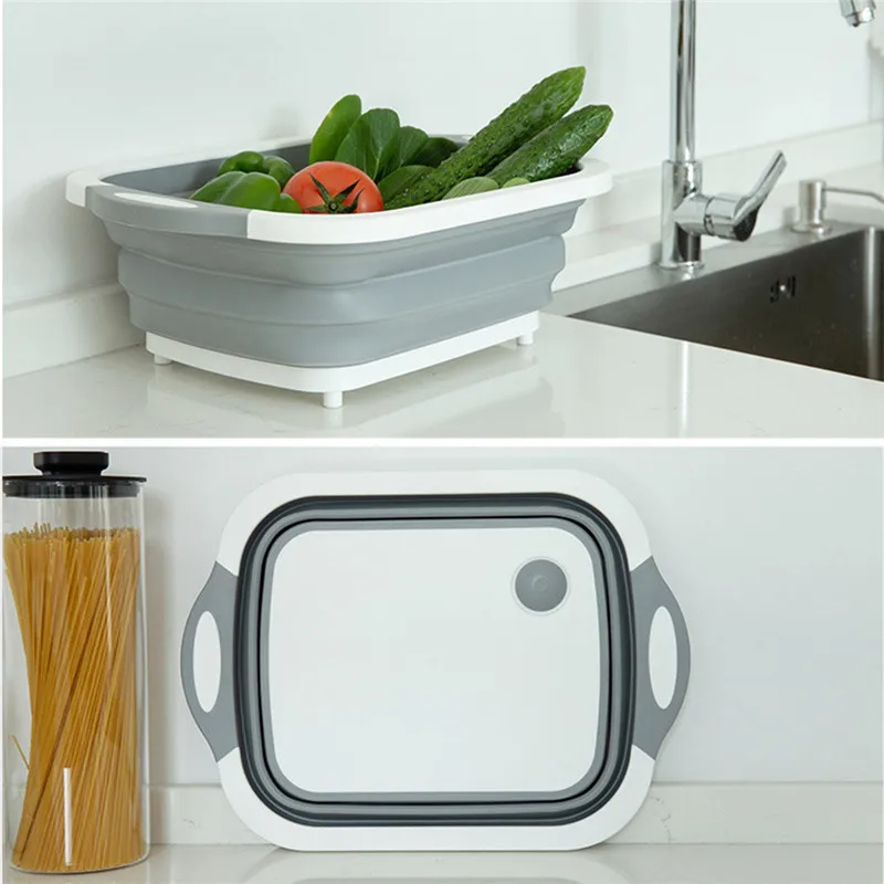 

4 IN 1 Portable Multifunction Folding Cutting Board Basket Collapsible Dish Tub with Draining Plug Colander Fruits Vegetables Wash Drain Sink Storage food chopping board
