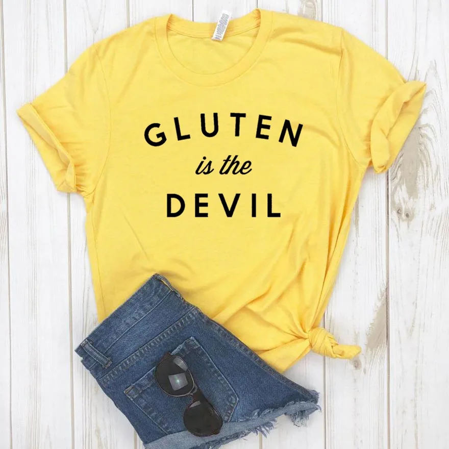 Gluten Is The Devil Print Женская футболка смешные изделия из хлопка футболка для Yong Lady girl Топ Футболка хипстер Прямая поставка NA-365
