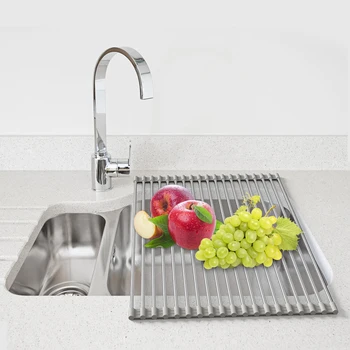 

Adjustable Over the Sink Roll-Up Dish Drying Rack Pan Food Drainer Mat Insert Storage Organizer Fruit Vegetable Tray Drainer