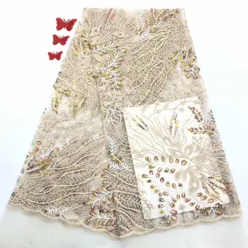 

Gold Sequined Indian Lace Fabric 2019 Nigeria Mesh Voile Net Tulle Guipure Lace African Women Evening Dress Sequins Fabric