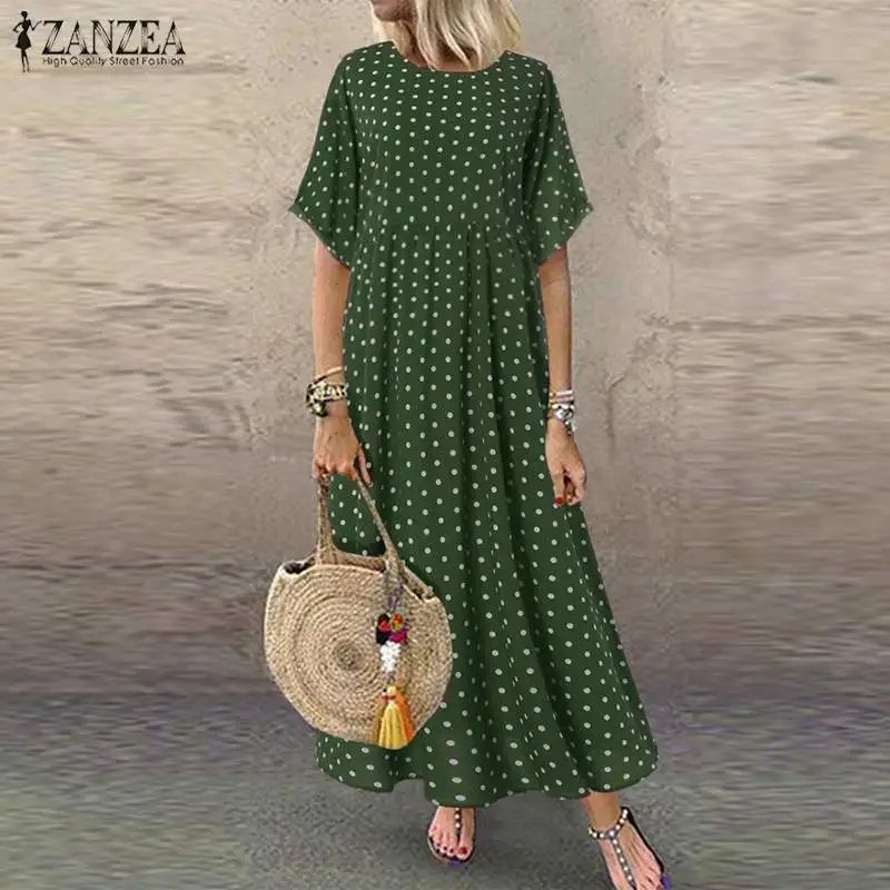 

ZANZEA Women Polka Dot Sundress Vintage Summer Short Sleeve Bohemian Beach Long Dress Femme Robe Printed Dress Plus Size Vestido