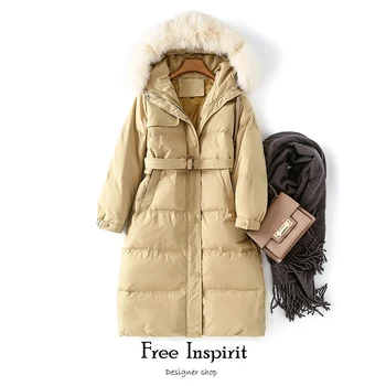 

Winter Down Jacket 90% White Duck Down Coat Hooded Long Female Parkas Real collar Women Loose Filled Feather Snow Outwear