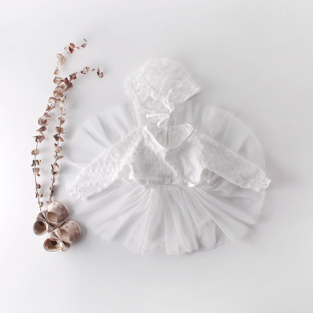 

Baby Girl White Romper Dress Autumn Spring Infant Toddlers Birthday Party Outfit Wear Clothes New Tulle Dress Matched Hat Roupas