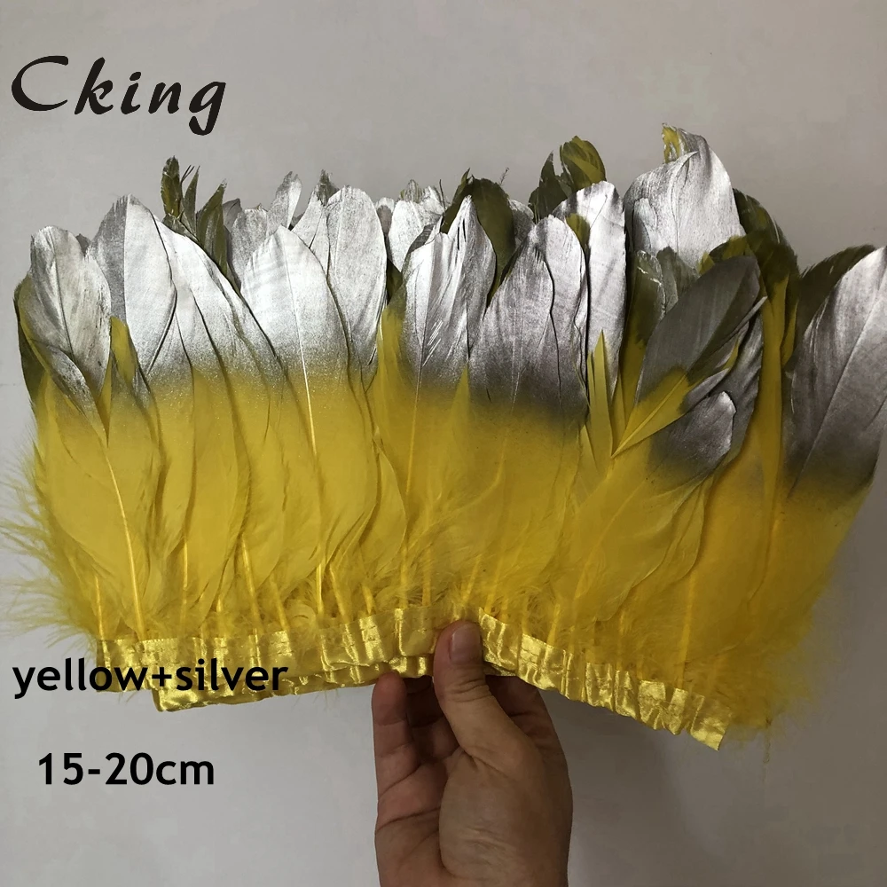 yellow Cking 10 ярдов/лот серебряная краска украшение из гусиных перьев бахрома 15-20 см 6-8 дюймов diy натуральные гусиные утки перо Кружева для карнавала деко - Цвет: yellow