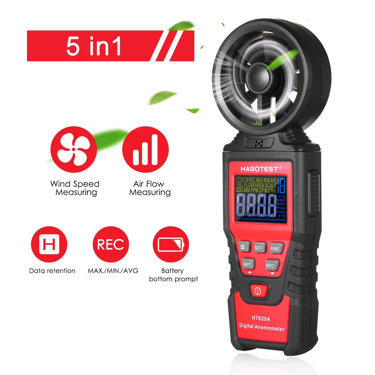LCD-Handheld Digital Anemometer Wind Speed Meter Waterproof+6 Wind Speed Units