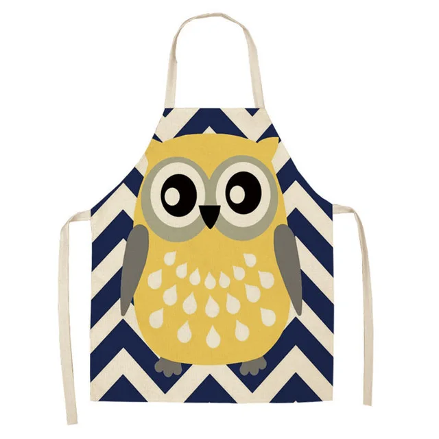 1Pcs Cartoon Owl Printed Kitchen Apron for Woman Sleeveless Cotton Linen Aprons For Cooking Home Cleaning Tools WQCN38