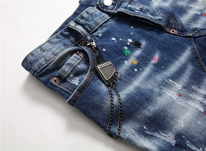 KIOVNO Mens Ripped Holes Denim Trousers Painted Patchwork Stretch  Jeans Pants For Male Straight  (2)