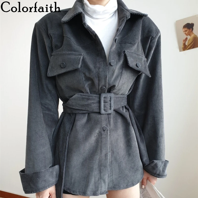 

Colorfaith New 2020 Spring Winter Women Corduroy Jackets Lace Up Pockets POLO Collar Female Fashionable Lady Sashes Tops JK8028
