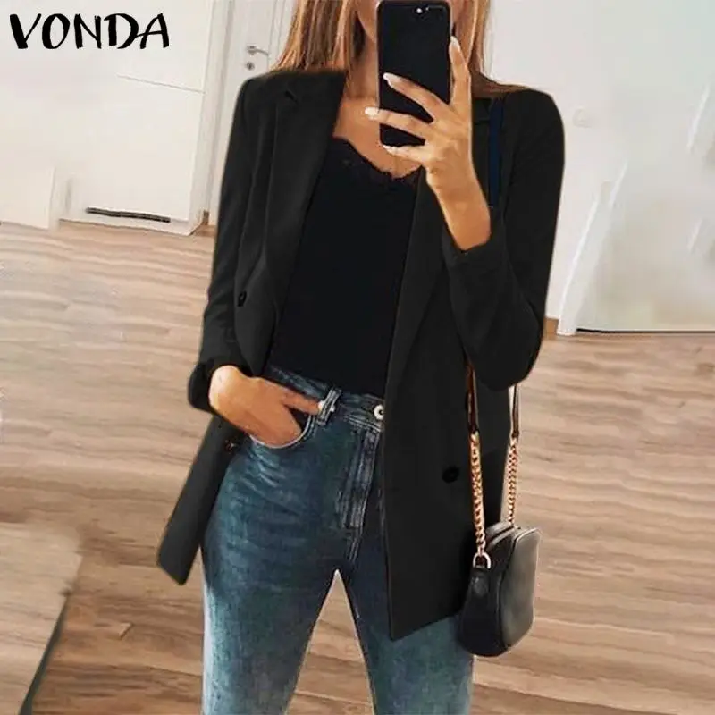 Модные куртки для женщин пальто размера плюс VONDA весна осень женский длинный рукав с отворотом черный блейзер элегантный рабочий Блейзер Feminina