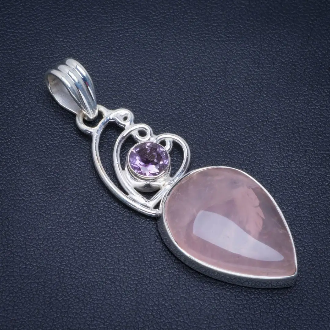 

Natural Rose Quartz and Amethyst Handmade Unique 925 Sterling Silver Pendant 2" B3230