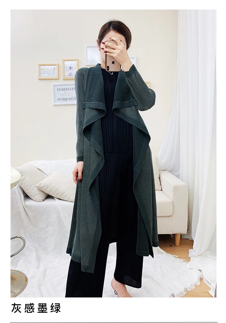 Miyake Плиссированное пальто для женщин Открытый стежок отложной воротник полный рукав Твердые Длинные пальто размера плюс элегантные женские