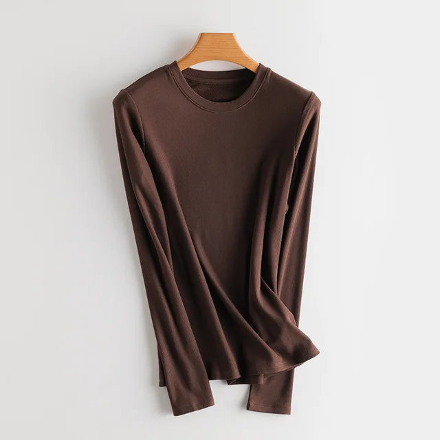 SuyaDream Women Bottoming T Shirt Real Silk Blend Long Sleeves Solid Basic Shirt 2021 Autumn Winter Turtleneck Top Coffee O neck