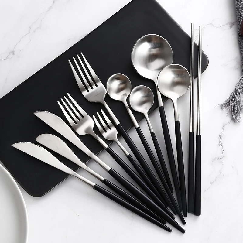 Black Silver Cutlery Set Noble Kitchen Tableware Restaurant Upscale Western 