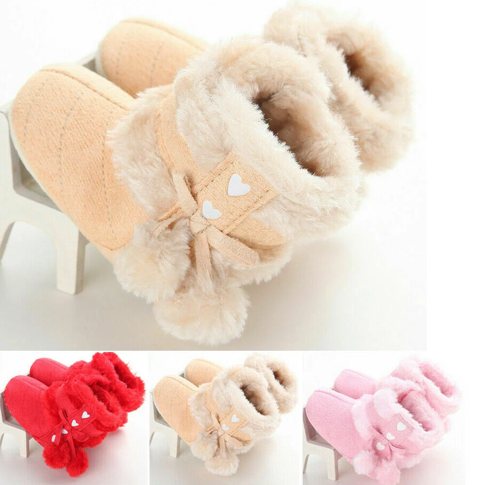 Меховые ботинки для новорожденных девочек; мягкая подошва; детская обувь ботиночки; Милая зимняя обувь для детей 0-18 месяцев